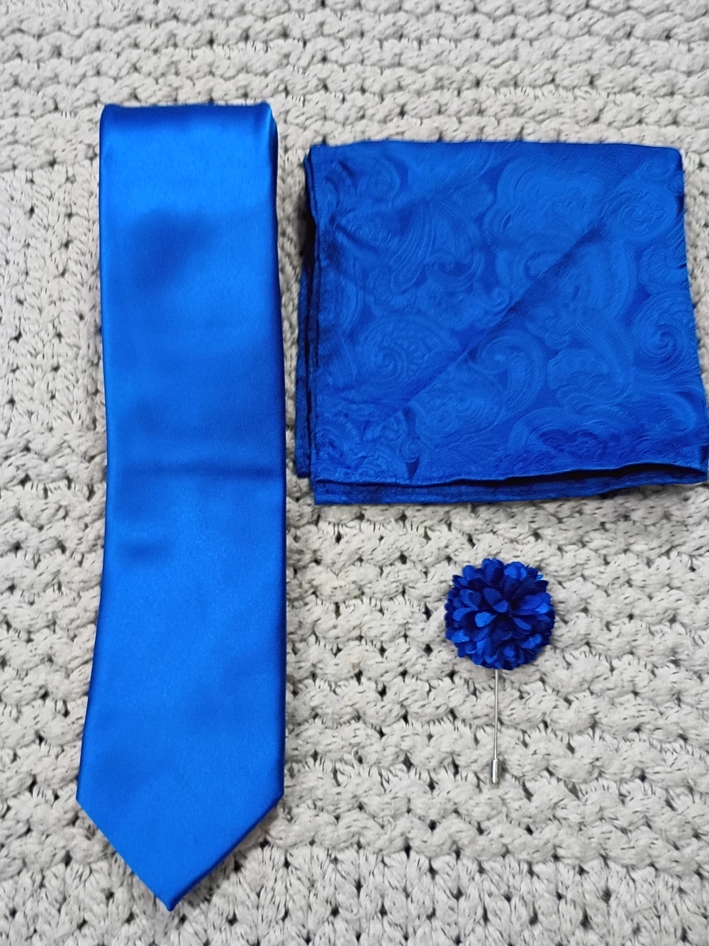 Menswear Royal Blue Tie Set with Floral Lapel Pin